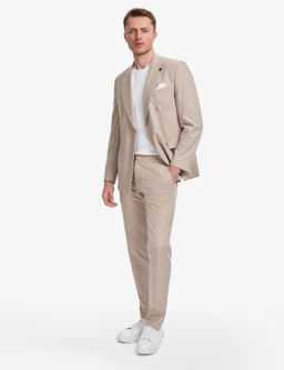 A__k Kahverengi Ex. Slim Fit Keten Kar___ml_ _izgili Kruvaze Tak_m Elbise