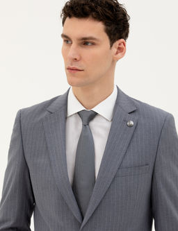 Koyu Mavi Extra Slim Fit _izgili Tak_m Elbise