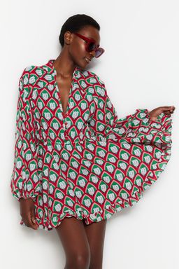 TRENDYOLMILLA Plaj Giyim Geometrik Desenli Dokuma %100 Pamuk Balon Kollu Mini Elbise TBESS21EL2771