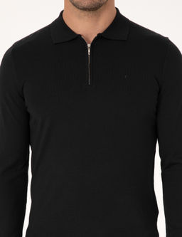 Siyah Regular Fit Y_n Kar___ml_ Fermuarl_ Polo Yaka Basic Triko Kazak - Cacharel фото 6