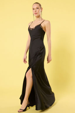 TRENDYOLMILLA Siyah V Yaka Dantel Detayl? Saten Dokuma Uzun S?k Abiye & Mezuniyet Elbise TPRSS25AE00090 фото 3