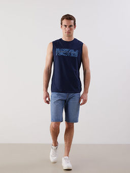 Bisiklet Yaka Bask?l? Erkek Kolsuz Ti??rt