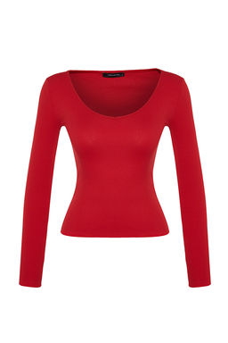 Siyah-K?rm?z? 2li Paket V Yaka Fitted/Vucuda Oturan Pamuklu Esnek Orme Bluz TWOAW24BZ00068