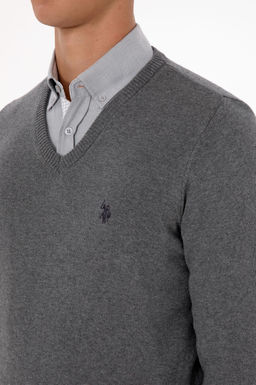Erkek Slim Fit V Yaka Gri Melanj Basic Triko Kazak - U.s. polo assn фото 7