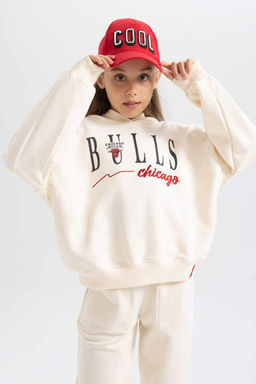 Толстовка свободного кроя с капюшоном NBA Chicago Bulls для девочек - Defacto фото 6