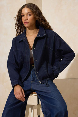 Koyu Mavi Dik Yaka Bomber Denim Ceket TWOSS26CE00003 - Trendyolmilla фото 7