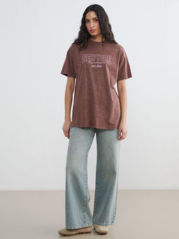 Bisiklet Yaka New York Bask?l? Kad?n Ti??rt