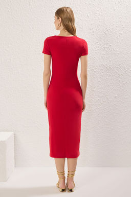 Siyah Kare Yaka Bodycone/Vucuda Oturan Esnek Midi Orme Elbise TWOSS25EL00691 - Trendyolmilla фото 12