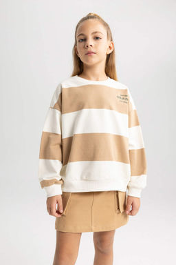 Полосатый свитшот оверсайз с круглым вырезом для девочек - Defacto фото 3
