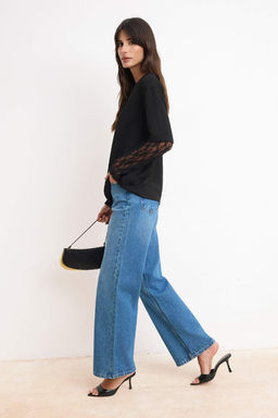 Siyah Oversize/Genis Kal?p Dusuk Kol Dantelli Uzun Kollu Soft Touch Orme T-Shirt TWOSS26TS00191 - Trendyolmilla фото 2