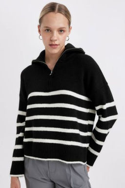 Oversize Genis Kal?p Cizgili Yar?m Fermuarl? Dik Yaka Triko Kazak