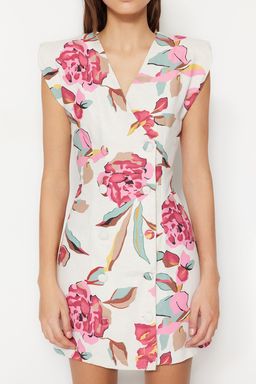 Beyaz Cicek Desenli Dugmeli Keten Gorunumlu Mini Dokuma Ceket Elbise TWOSS23EL01874 - Trendyolmilla фото 2