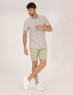 A__k Ye_il Slim Fit Keten Kar___ml_ Beli Lastikli Bermuda _ort