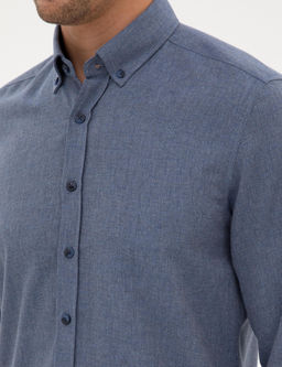 Koyu Mavi Flanel Dokulu Slim Fit Uzun Kollu G_mlek