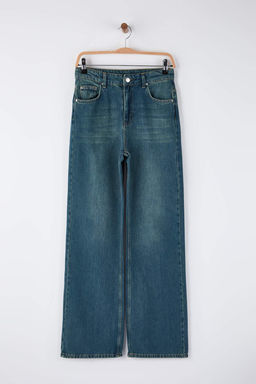 Koyu Mavi Yuksek Bel Dokumlu Liyosel Kar?s?ml? Wide Leg Jeans TWOAW26JE00247 - Trendyolmilla фото 5