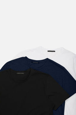 Lacivert-Siyah-Beyaz Slim/Dar Bisiklet Yaka Basic %100 Pamuklu 3lu Paket T-Shirt TMNSS19BO0007