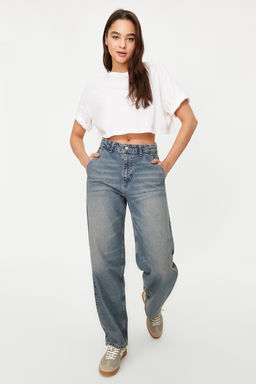 TRENDYOLMILLA Koyu Mavi Soluk Efektli Vintage Dusuk Bel Skater Jeans TWOSS24JE00052  фото 2