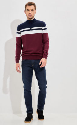Джемпер мужской в полоску с воротником-стойкой на молнии F221-15-831 сине-бордовый - Fine joyce фото 6