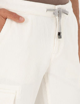 Beyaz Straight Fit Kadife Kargo Cepli %100 Pamuk Kanvas Pantolon