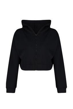 Siyah Basic Fermuarl? Kapusonlu Crop Kal?n Ici Polarl? Orme Sweatshirt TWOAW20SW0660