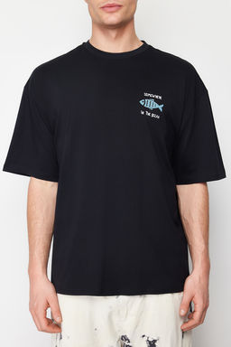 Siyah Oversize/Genis Kesim %100 Pamuklu Kadife Doku Bask?l? T-Shirt TMNSS22TS0318