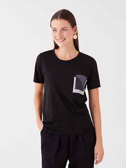 Bisiklet Yaka Bask?l? K?sa Kollu Kad?n Ti??rt