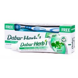 Зубная паста с базиликом DABUR HERBL Toothpaste BASIL (антибактериальная защита) with Toothbrush + зубная щётка ср. жесткости 150 г.