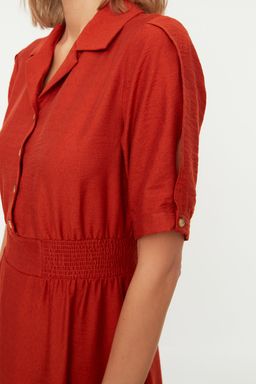 Turuncu A Kesim Gomlek Yaka Gipeli Midi Dokuma Elbise TWOSS21EL1023