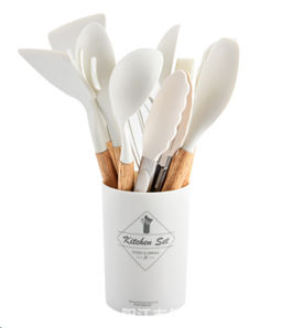 Кухонный набор 12 предметов в подставке/ KNA-140 /уп 16/ приборы силикон/дерево /0,8/Молочный