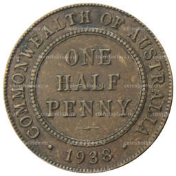 Монета 1/2 пенни 1938 года Австралия