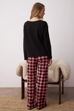 Siyah %100 Pamuklu Ay?c?kl? Ekoseli Orme Pijama Tak?m? THMAW25PT00088