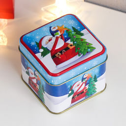 Шкатулка металл квадрат "Дед Мороз с ёлочкой" 7,7х7,7х6,3 см
