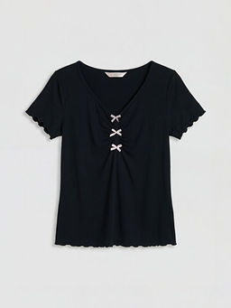 V Yaka Fiyonklu Kad?n ?ortlu Pijama Tak?m?