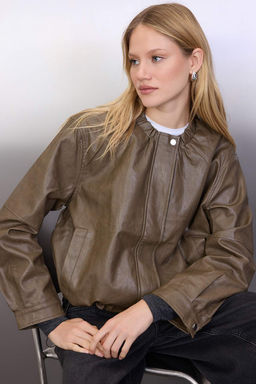 Haki Regular Kal?p Suni Deri Ince Ceket Mont TWOAW26MO00071 - Trendyolmilla фото 5