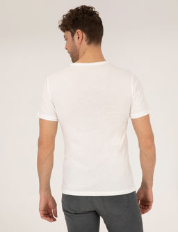 Ekru Slim Fit Bask_l_ Bisiklet Yaka Ti__rt