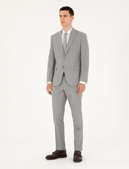 Gri Slim Fit _izgili Y_n Tak_m Elbise