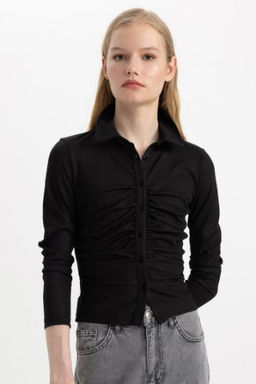 Slim Fit Dar Kesim Polo Yaka Basic Duz Fitilli Kaskorse Uzun Kollu Tisort