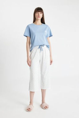 Fall in Love Pijama Tak?m? Bisiklet Yaka Bask?l? K?sa Kollu Ust Beli Lastikli Kapri Alt