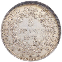 Монета 5 франков 1873 года Франция Геркулес