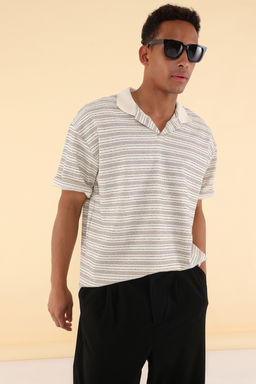 TRENDYOL MAN Unisex Mavi Oversize/Genis Kesim Cizgili Polo Yaka T-shirt TMNSS25PO00012 - Trendyolmilla фото 2