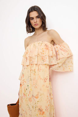 Cok Renkli Carmen Yaka Cicekli Sifon Astarl? Maxi Dokuma Elbise TWOSS26EL00231 - Trendyolmilla фото 2