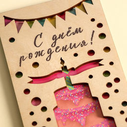 Цена за 3 шт. Конверт для денег с деревянным элементом "С Днём Рождения" торт, 16,5 х 8 см