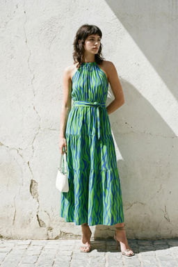 Mavi Animal Shift Boyundan Baglamal? Halter Yaka Shally Maxi Dokuma Elbise TWOSS24EL00872