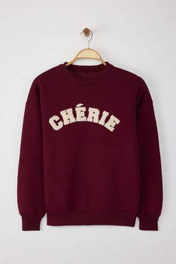 TRENDYOLMILLA Bordo Kal?n Ici Polarl? Oversize/Rahat Kesim Slogan Nak?sl? Orme Sweatshirt TWOAW25SW00030  фото 11