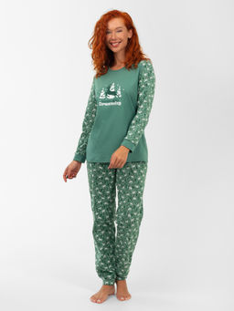 Пижама женская кулирка с брюками "ЗИМНИЙ ЛЕС" ЗЕЛЕНЬ