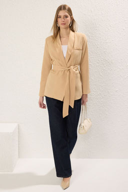 TRENDYOLMILLA Bej Keten Gorunumlu Ceket Yaka Belden Kusakl? Blazer Ceket TWOSS25BC00037  фото 5