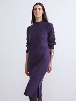 Yar?m Bal?k?? Yaka Y?rtma?l? Triko Elbise