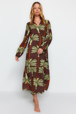 Tropikal Desenli Maxi Dokuma Plaj Kimono&Kaftan TBESS23KM00053