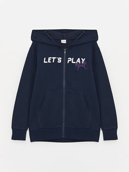 Kap??onlu Bask?l? Uzun Kollu Erkek ?ocuk Fermuarl? Sweatshirt