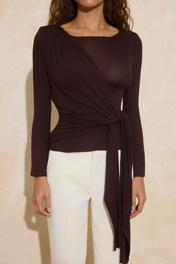 Kahverengi Transparan Regular/Normal Kal?p Baglama Detayl? Orme Bluz TWOSS26BZ00041